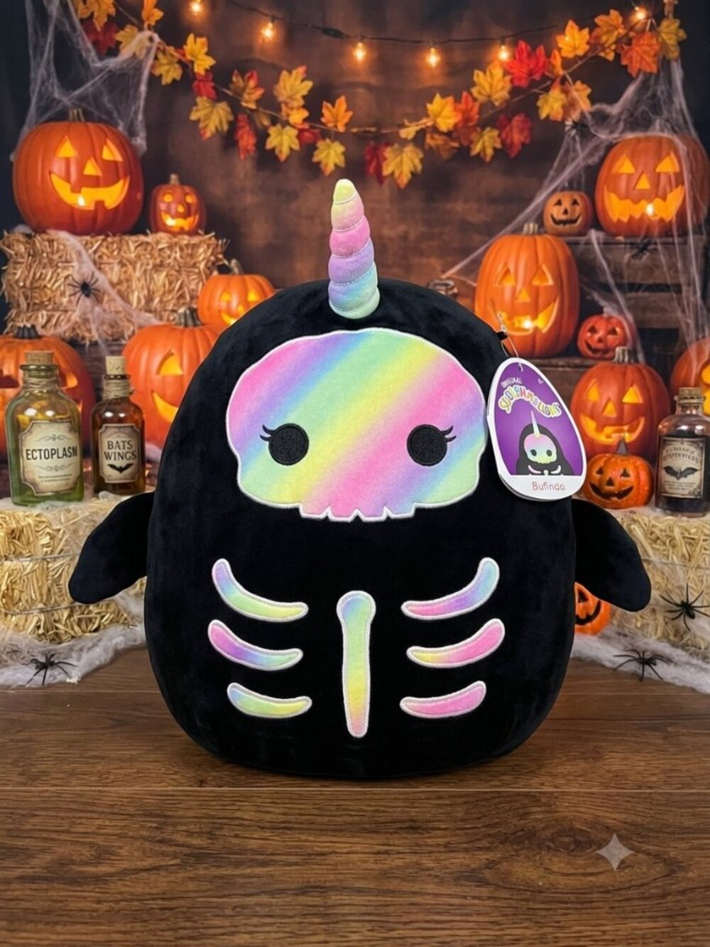 NWT Squishmallows Bufinda 16” Rainbow Skeleton Narwhal Halloween Plush